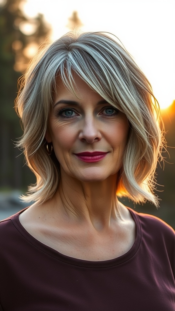 A woman over 60 with wavy shag hairstyle and curtain bangs, smiling softly