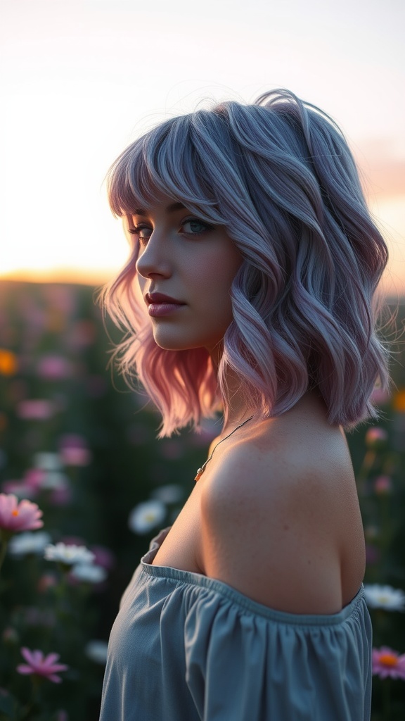 A woman with wavy shag hairstyle and micro bangs, featuring pastel hair color, standing in a field of flowers.