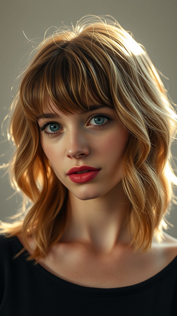 A woman with wavy shag hair and micro bangs, showcasing a fresh and stylish look.