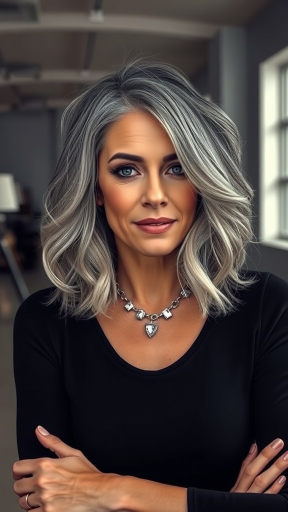 A woman over 60 with a wavy shag hairstyle featuring ombre highlights, dressed in a black top and wearing a silver necklace.