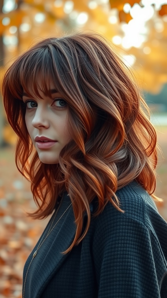 A woman with wavy shag hairstyle and shaggy bangs, surrounded by autumn leaves.