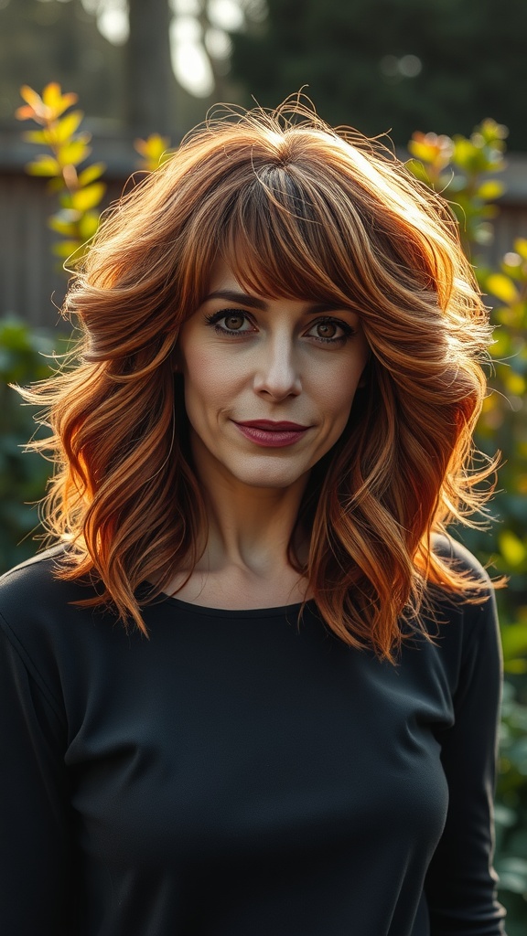 A woman with wavy shag hair and wispy curtain bangs, showcasing the hairstyle's volume and softness.