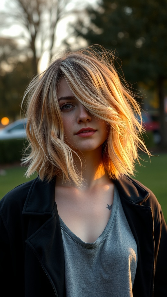 A woman with a wavy shaggy bob haircut, featuring face-framing layers, standing outdoors.