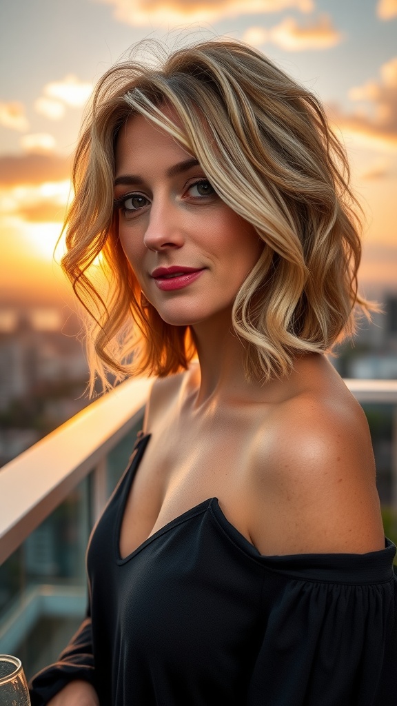 A woman with a wavy shaggy bob hairstyle, featuring soft highlights and a side-swept fringe, posing against a sunset backdrop.