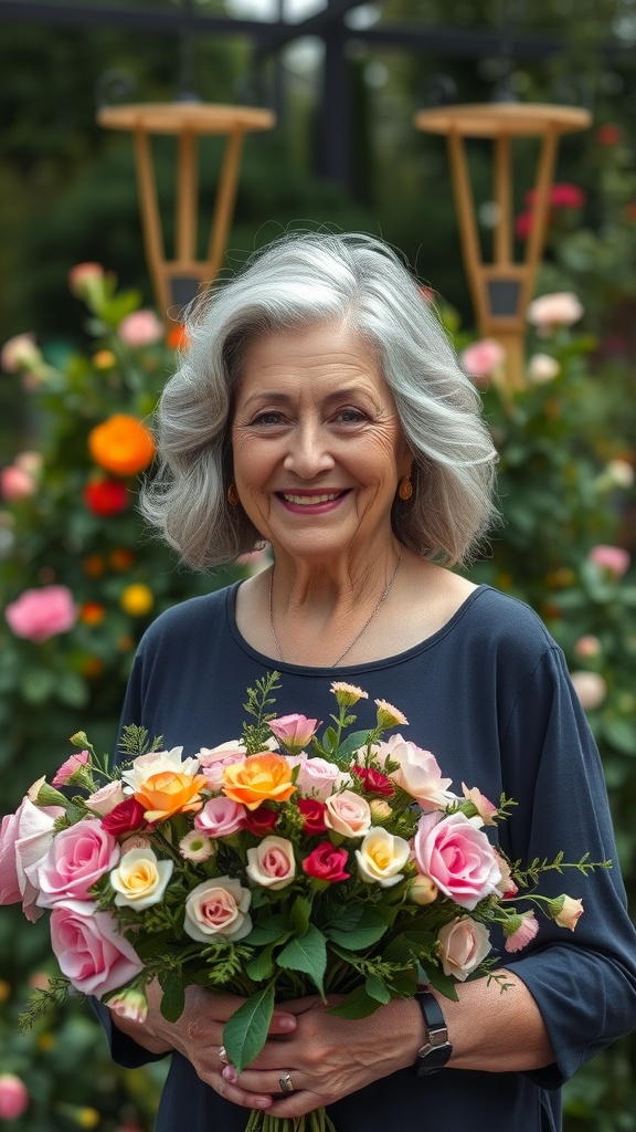 A smiling woman with wavy shoulder-length hair, holding a bouquet of colorful roses in a garden.