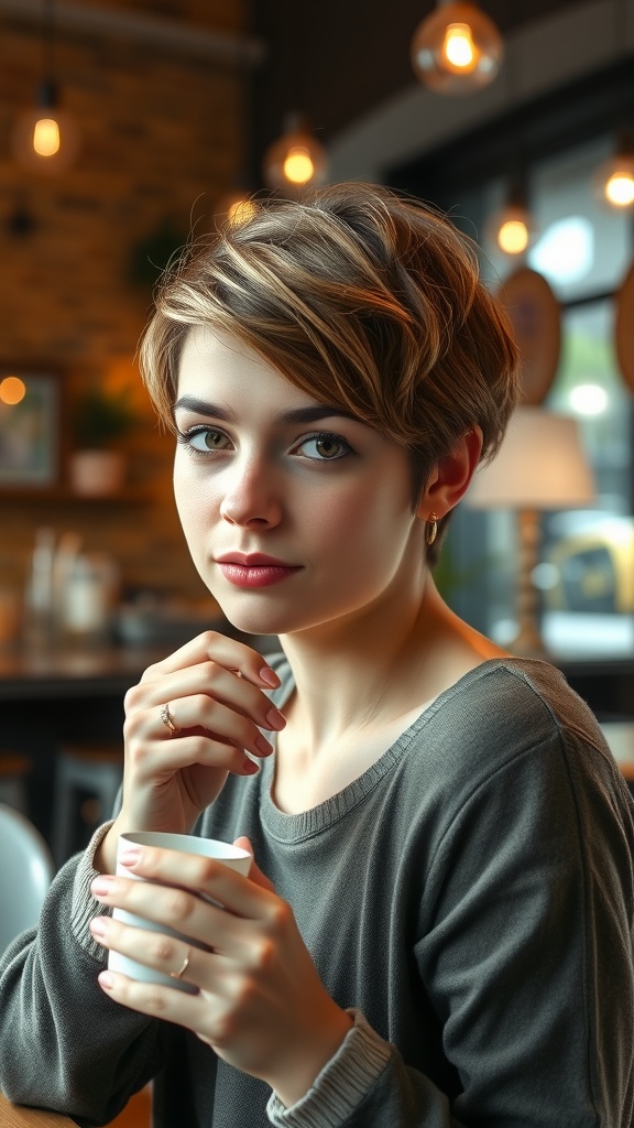 A woman with a wavy tapered pixie cut, holding a cup in a café setting.
