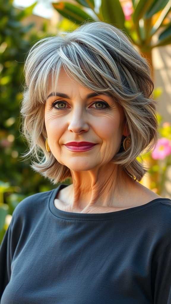 A woman with a shag hairstyle featuring wispy bangs, showcasing a modern and stylish look.