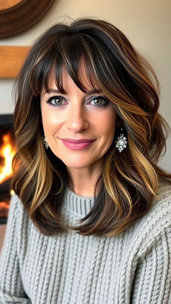 Woman with medium-length hair and wispy bangs, wearing a cozy sweater.