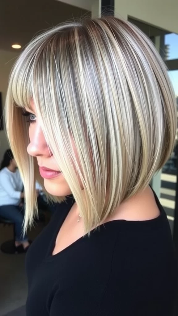 A-line bob hairstyle with soft layers and highlights, styled on a woman