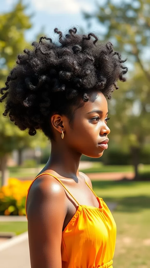 A woman with a voluminous Afro puff hairstyle, wearing an orange dress, standing outdoors.