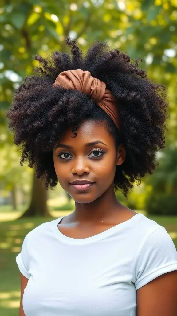 A woman with a beautiful Afro puff hairstyle, wearing a twisted brown headband and a white shirt, standing outdoors.