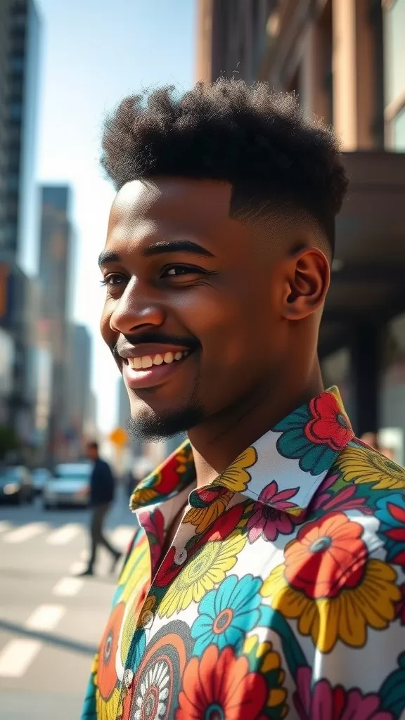 A man with an afro taper fade hairstyle, wearing a colorful floral shirt, smiling in an urban setting.