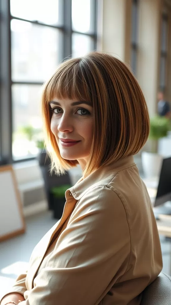 A woman with an angled bob hairstyle, sitting in a bright room with large windows.