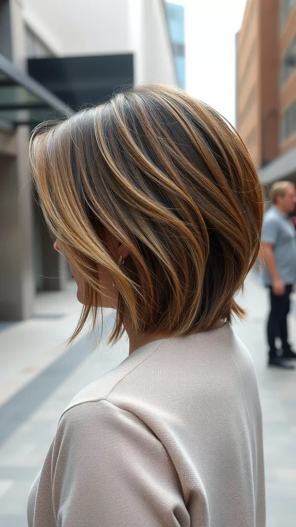 A woman with an angled bob haircut featuring layers, showcasing a stylish and modern appearance.