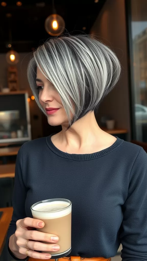 A woman with a stylish angled bob haircut with streaks, holding a drink in a modern cafe.