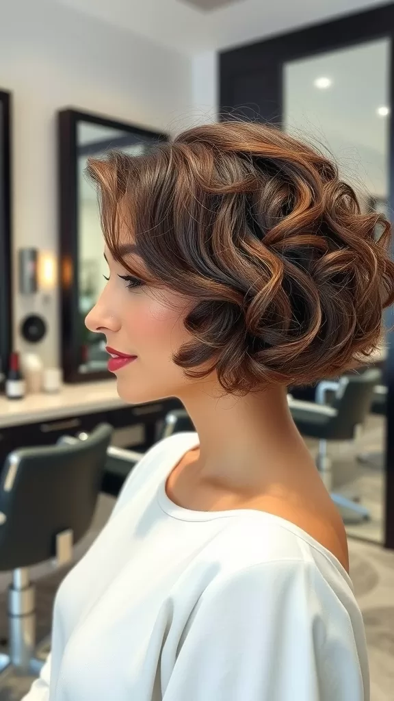 A woman with a stylish angled curly bob hairstyle, showcasing soft curls and an elegant look.