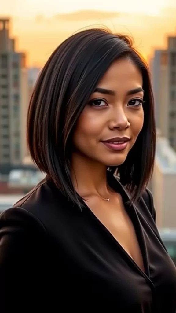 A woman with an angled layered bob hairstyle, smiling confidently against a sunset backdrop.