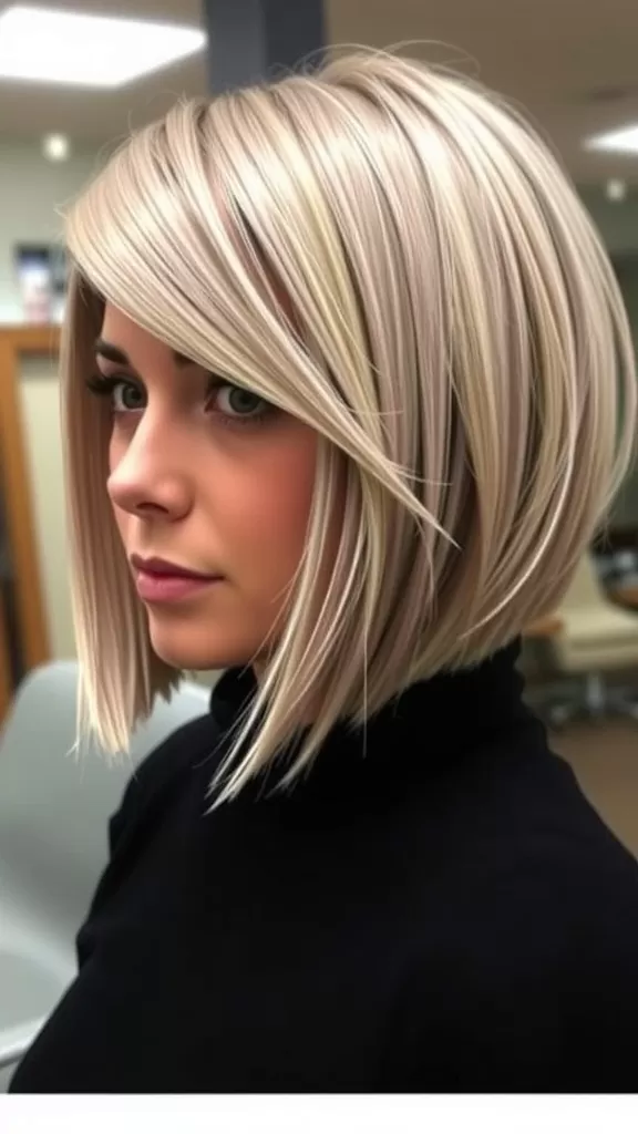 A woman with an angular bob haircut, featuring a light blonde color and defined angles, showcasing a stylish look for round faces.