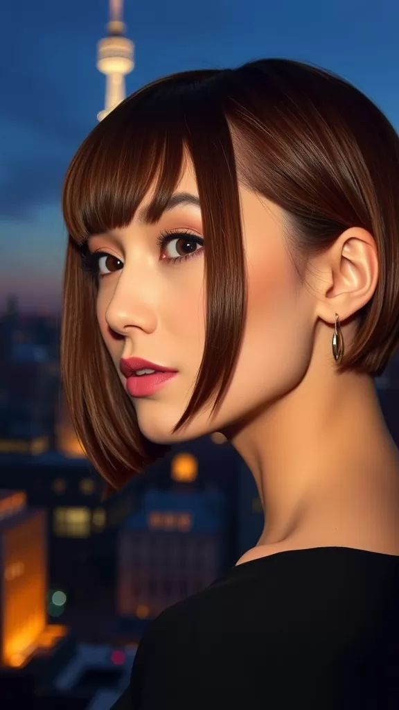 A woman with arched bangs and a sleek bob hairstyle against an evening city skyline.