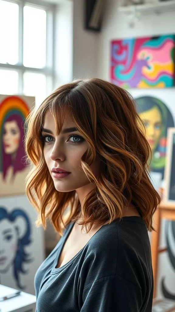 A woman with arched bangs and tousled waves, showcasing a stylish and casual hairstyle.