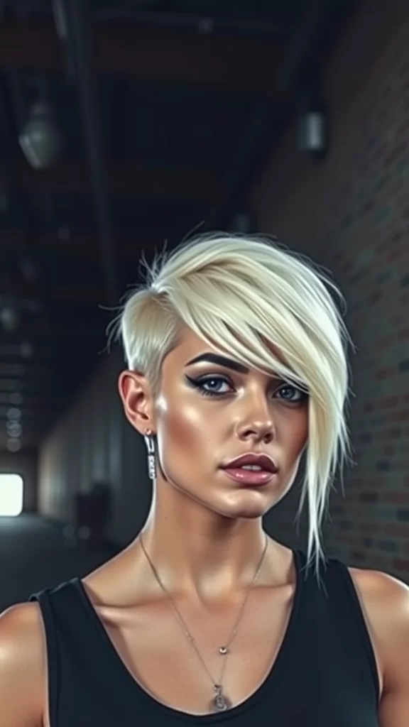 A woman with asymmetrical bangs and an edgy undercut, highlighting her modern hairstyle