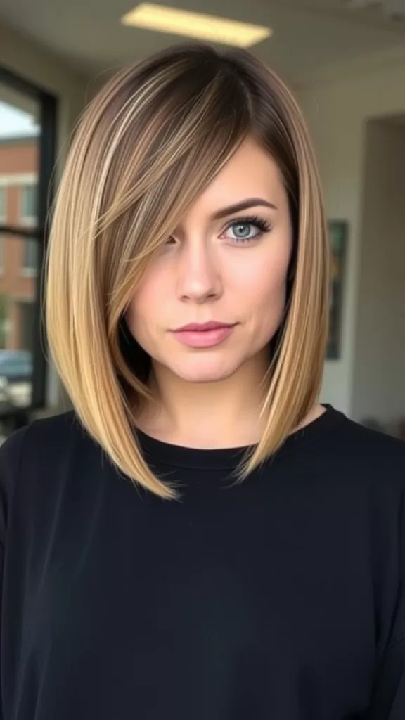 A woman with an asymmetrical bob haircut, featuring longer layers in front and shorter ones in back, showcasing a modern and stylish look.