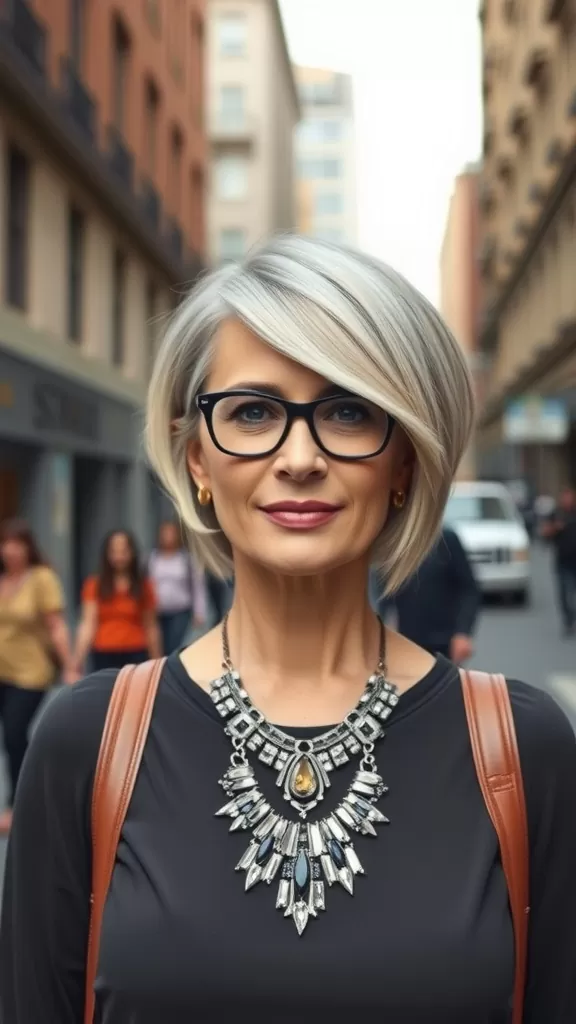 A woman with an asymmetrical bob haircut wearing glasses and a statement necklace, smiling confidently in an urban setting.