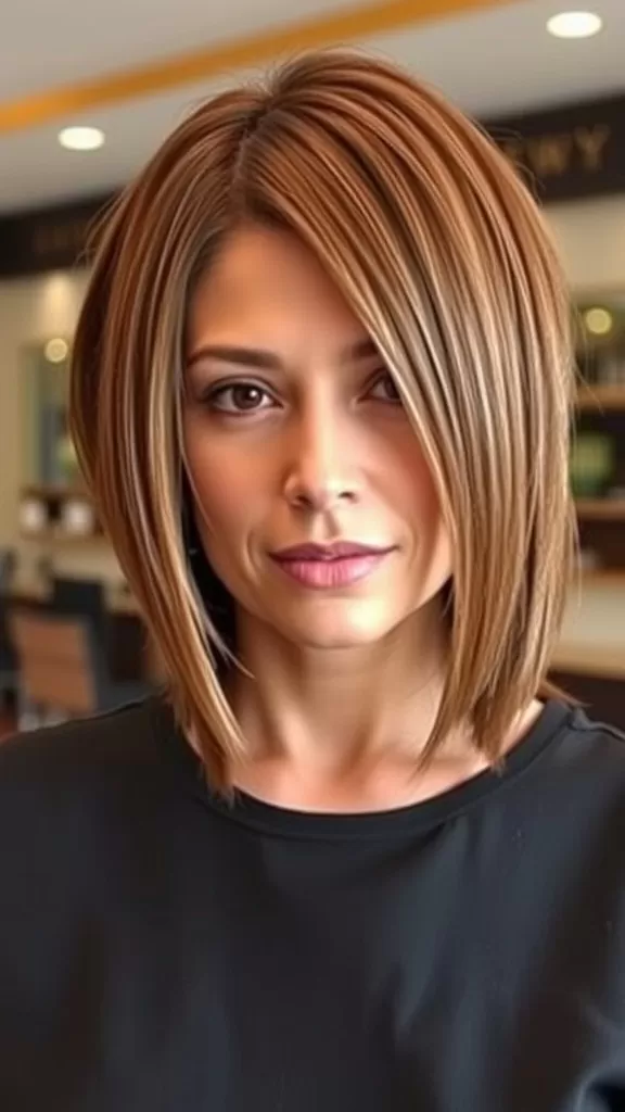 A woman with an asymmetrical bob haircut, featuring longer front strands and shorter back layers, showcasing depth and texture.
