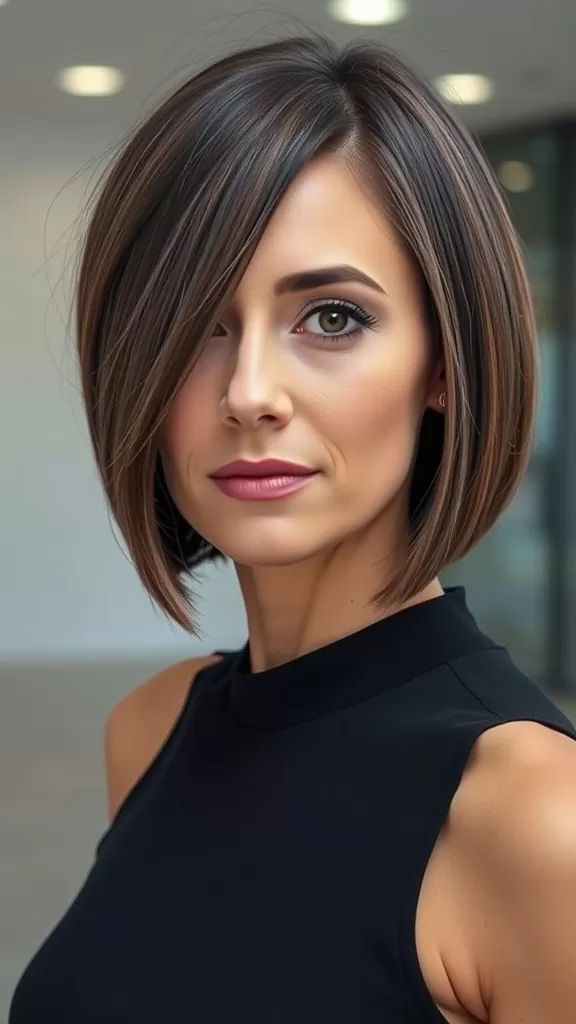 A woman with an asymmetrical bob haircut, wearing a black top, showcasing smooth and shiny hair with subtle highlights.