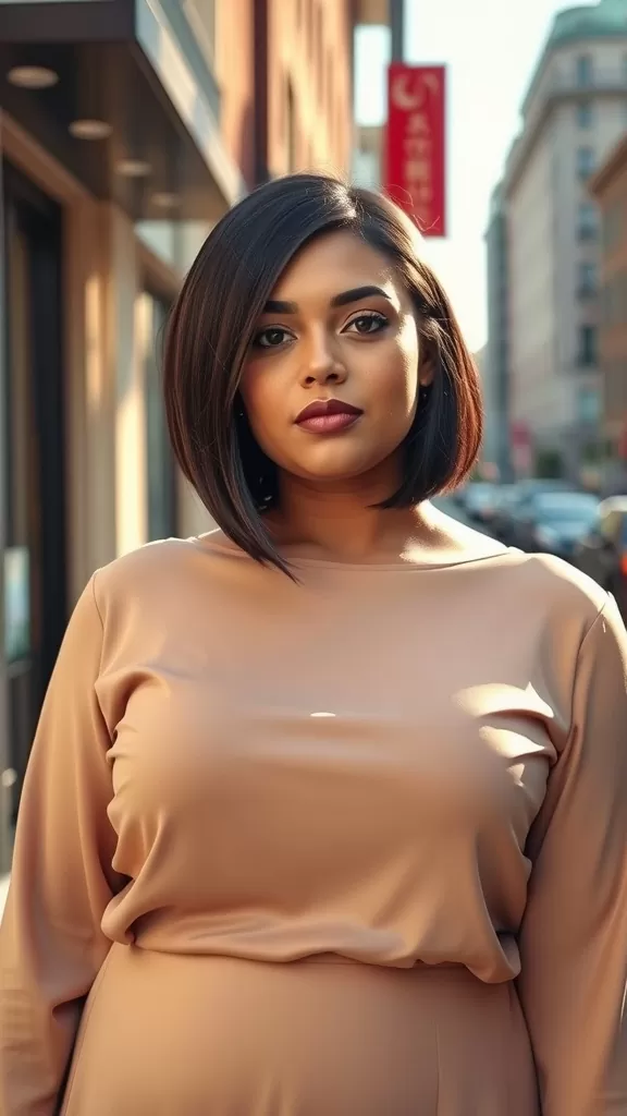 A woman with an asymmetrical bob haircut, looking confidently at the camera on a city street.