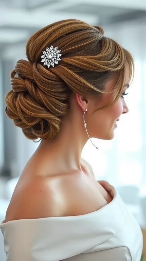 A woman with an asymmetrical bun hairstyle accented by a sparkling hair clip, wearing an off-shoulder dress.