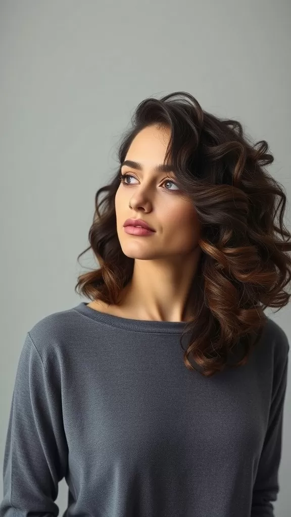 A woman with an asymmetrical curly bob hairstyle, showcasing defined curls and rich hair tones.