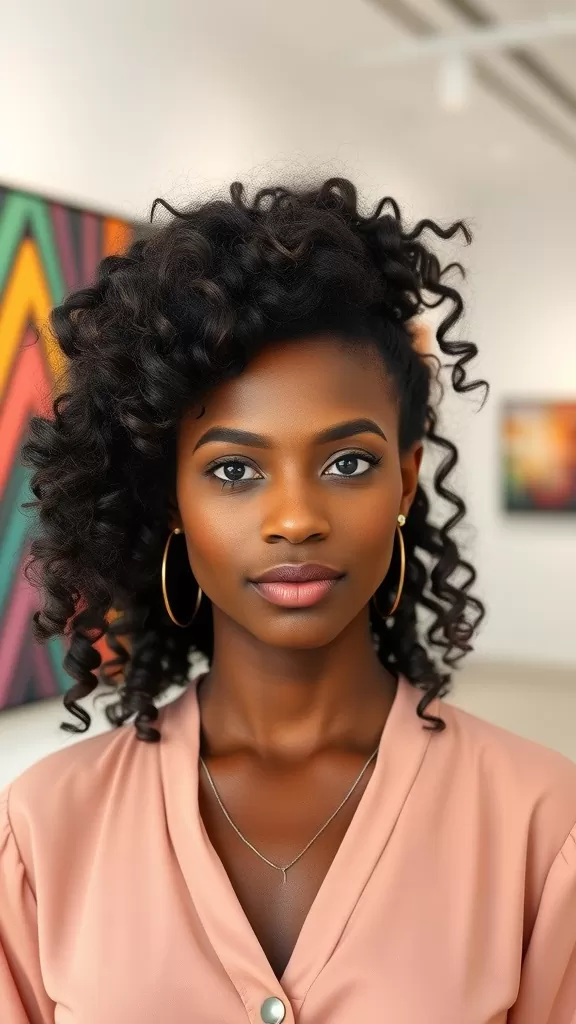 A woman with an asymmetrical curly updo hairstyle, featuring defined curls and a confident expression.