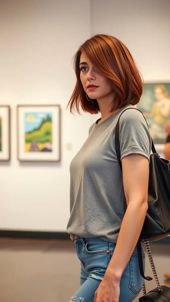 A woman with an asymmetrical lob and side-swept bangs, showcasing medium-length hair in a casual setting.