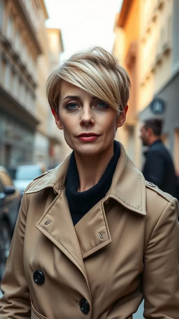 A woman with an asymmetrical pixie haircut, dressed in a stylish coat, stands confidently in an urban setting.