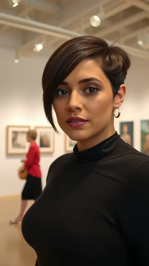 A woman with an asymmetrical pixie haircut and long bangs, wearing a black top, in an art gallery.