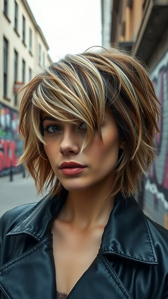 A woman with a shaggy asymmetrical lob haircut, featuring layered waves and highlights, standing in an urban environment.