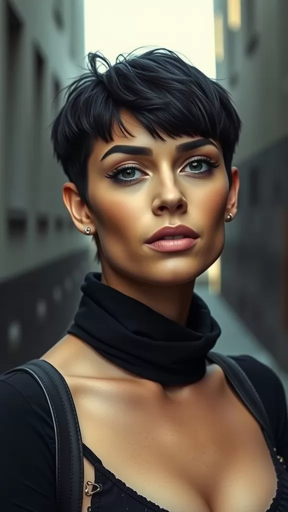 Model with a pixie cut and baby bangs, showcasing a modern hairstyle.