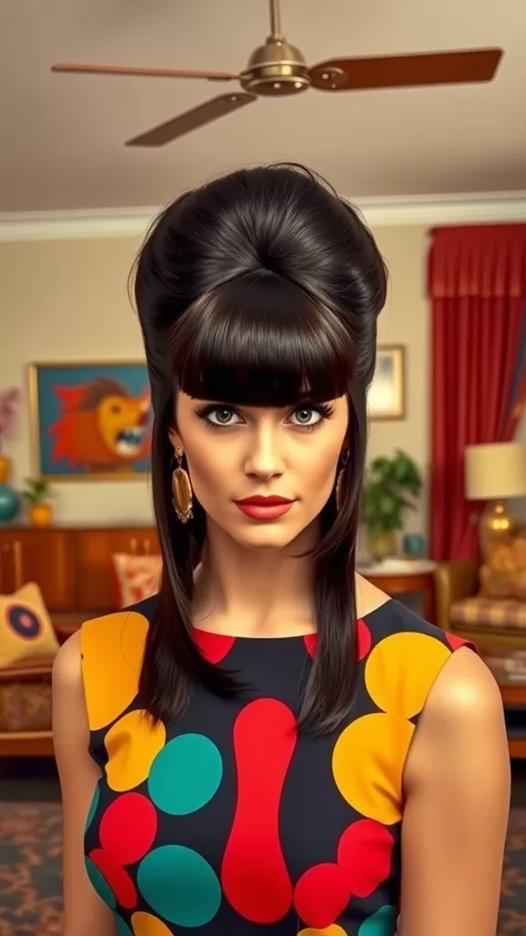 A woman with baby bangs and a retro beehive hairstyle, wearing a colorful outfit, set in a vintage-inspired living room.