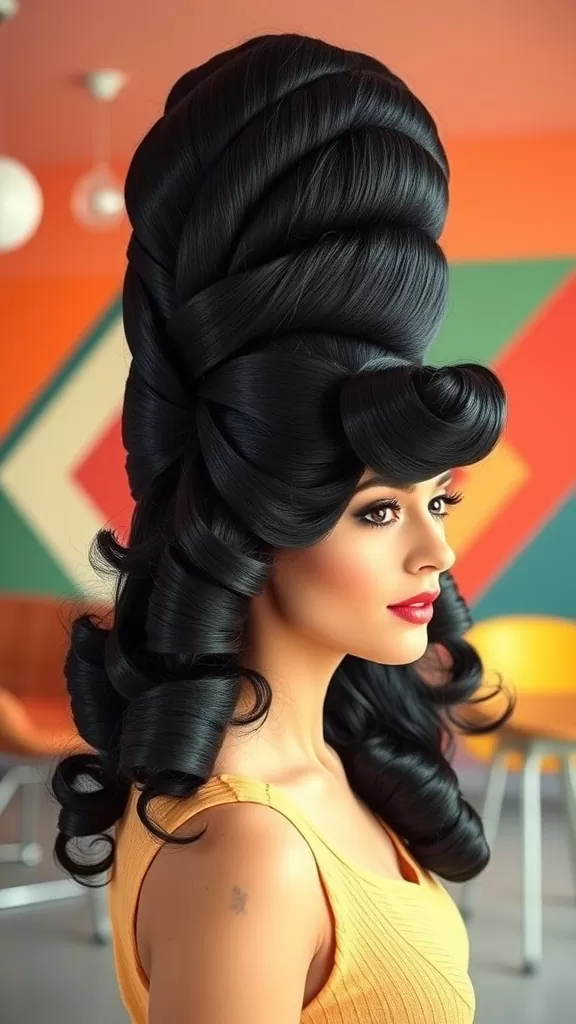 A woman with a beehive hairstyle featuring cascading curls, showcasing a vintage look.