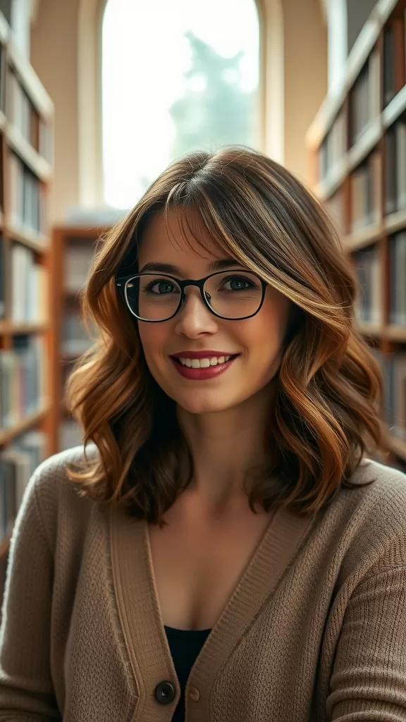 A woman with medium shag hairstyle, smiling in a library.