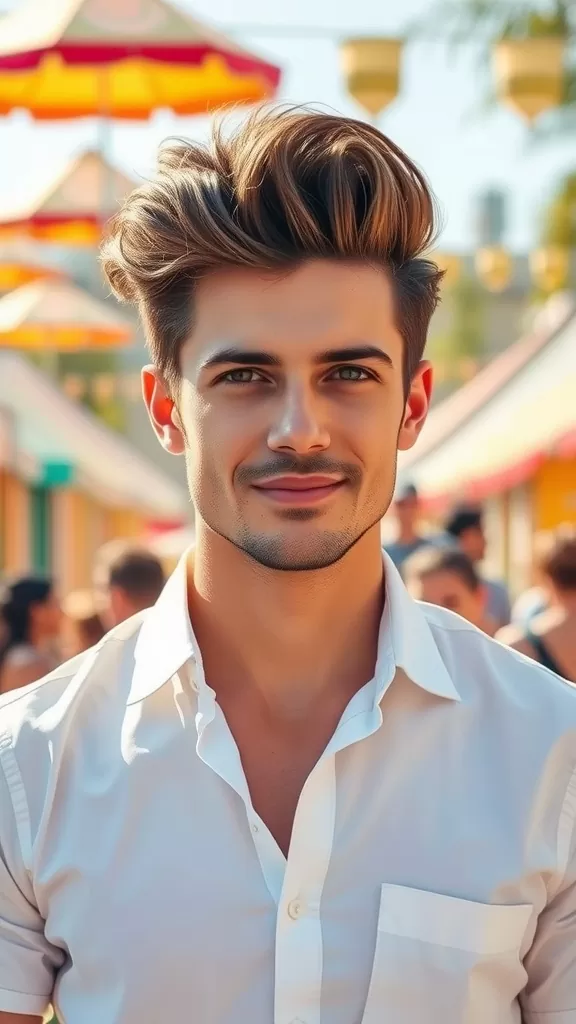A young man with a stylish blowout hairstyle, smiling in a casual setting.