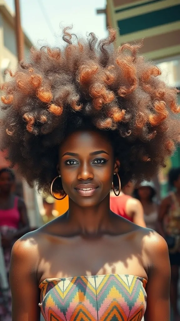 A woman with a large, voluminous Blowout Afro hairstyle, smiling confidently. She is wearing a colorful strapless top, and the background shows a vibrant outdoor setting.