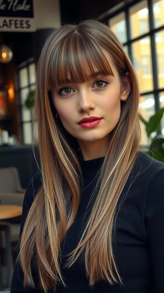 A woman with long straight hair and blunt bangs styled in a half-up, half-down hairstyle.