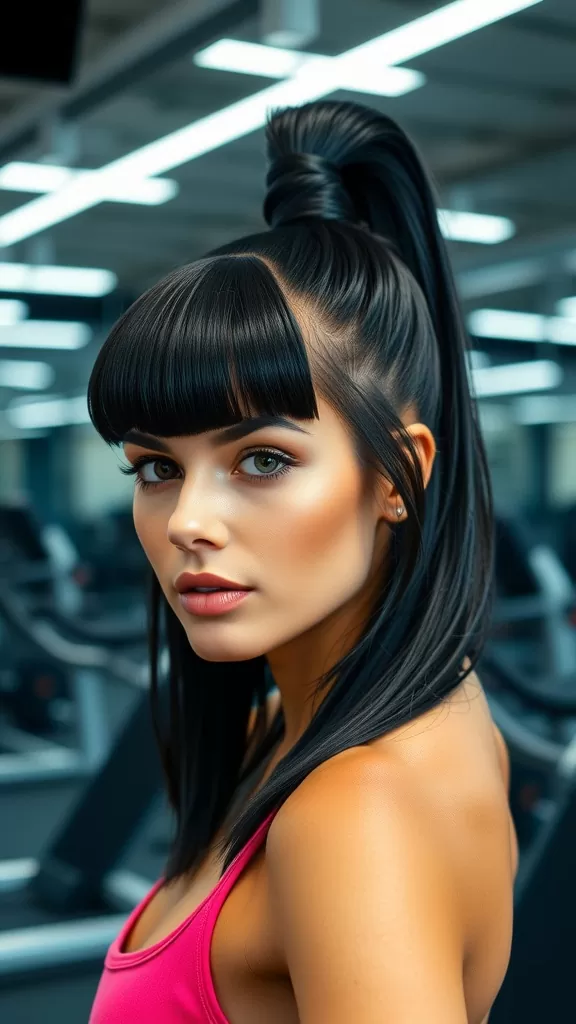 A woman with blunt bangs styled in a high ponytail, wearing a pink top, posing in a gym setting.