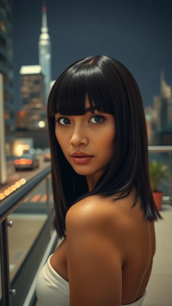 A woman with blunt bangs and sleek straight hair, looking confidently at the camera against a city backdrop at night.