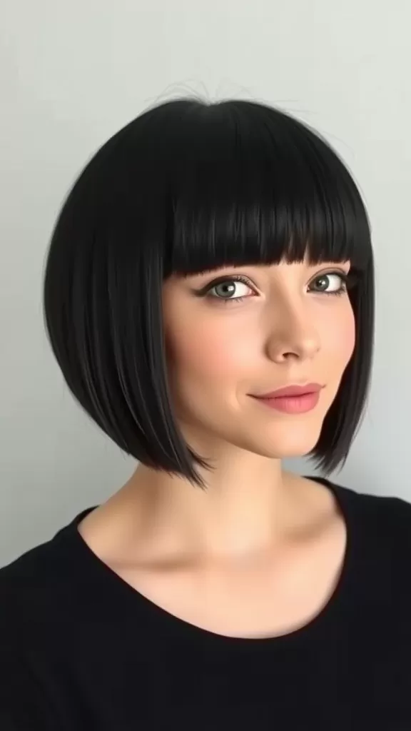 A woman with a blunt bob haircut and straight bangs, showing off her stylish look