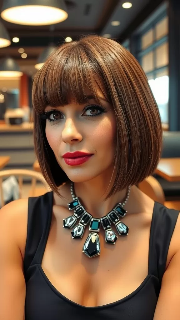 A woman with a blunt bob haircut and full bangs, wearing a black dress and a statement necklace.
