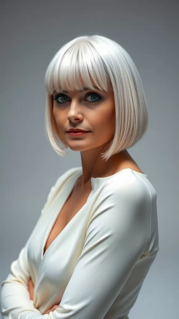 A woman with a blunt bob haircut and straight bangs, wearing a white top, showcasing a polished and stylish look.