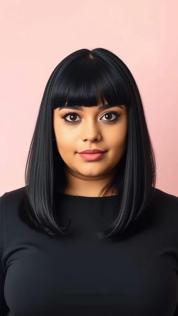 A woman with a blunt cut bob and blunt bangs, wearing a black top against a pink background.